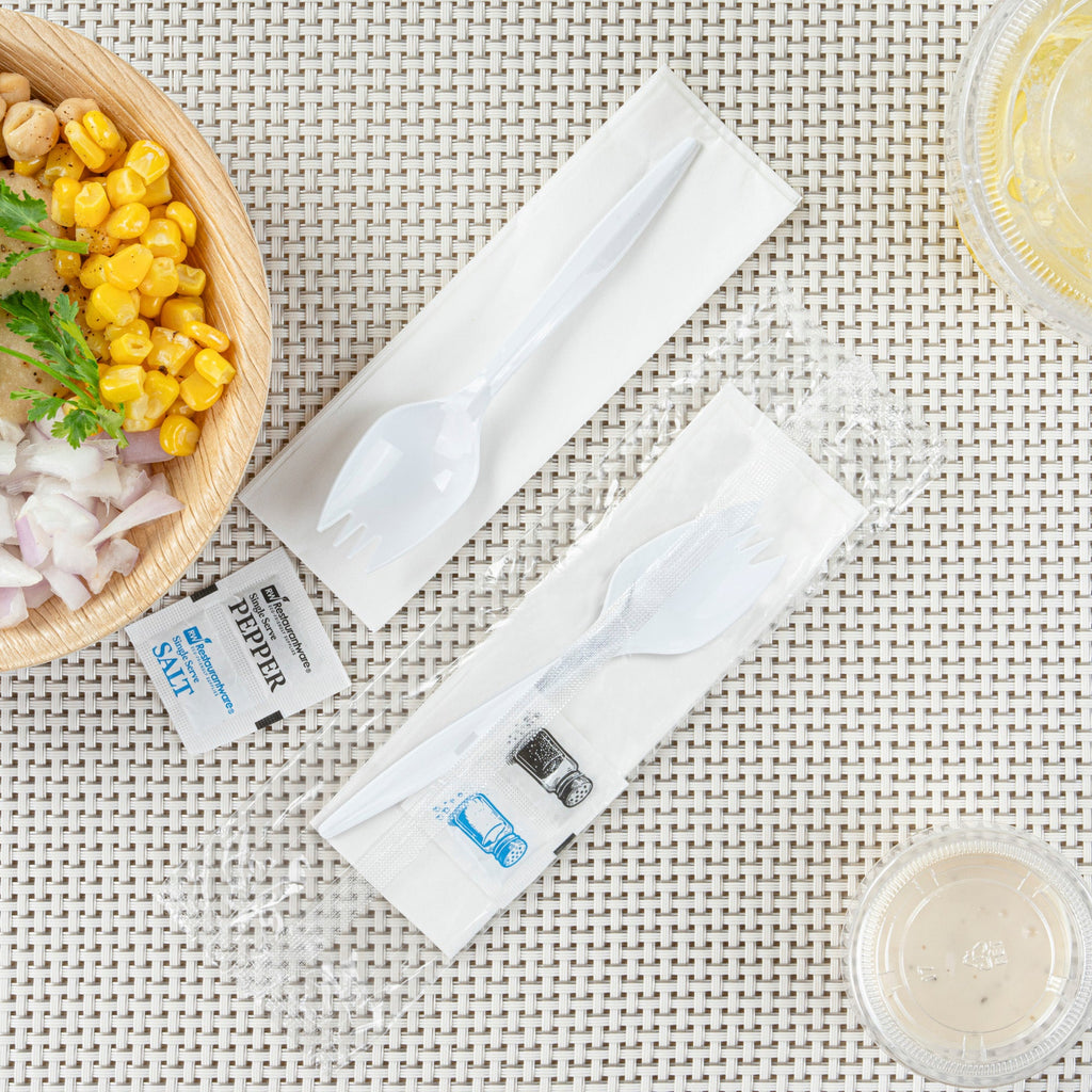 Chef 101 White Plastic Spork - with Napkin and Salt / Pepper Packets, Medium Weight, Wrapped - 5 1/4" - 500 count box