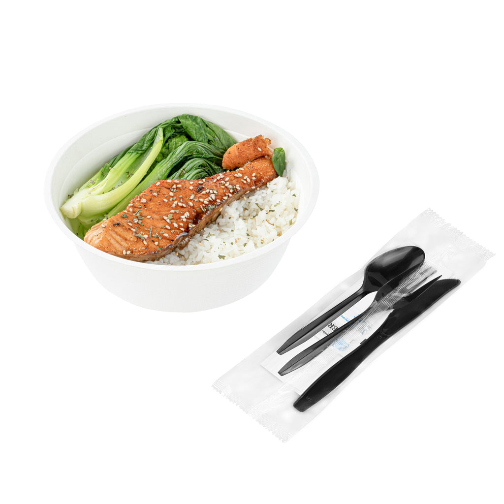 Chef 101 Black Plastic Cutlery Set - with Napkin and Salt / Pepper Packets, Medium Weight, Wrapped - 6 1/2" - 500 count box