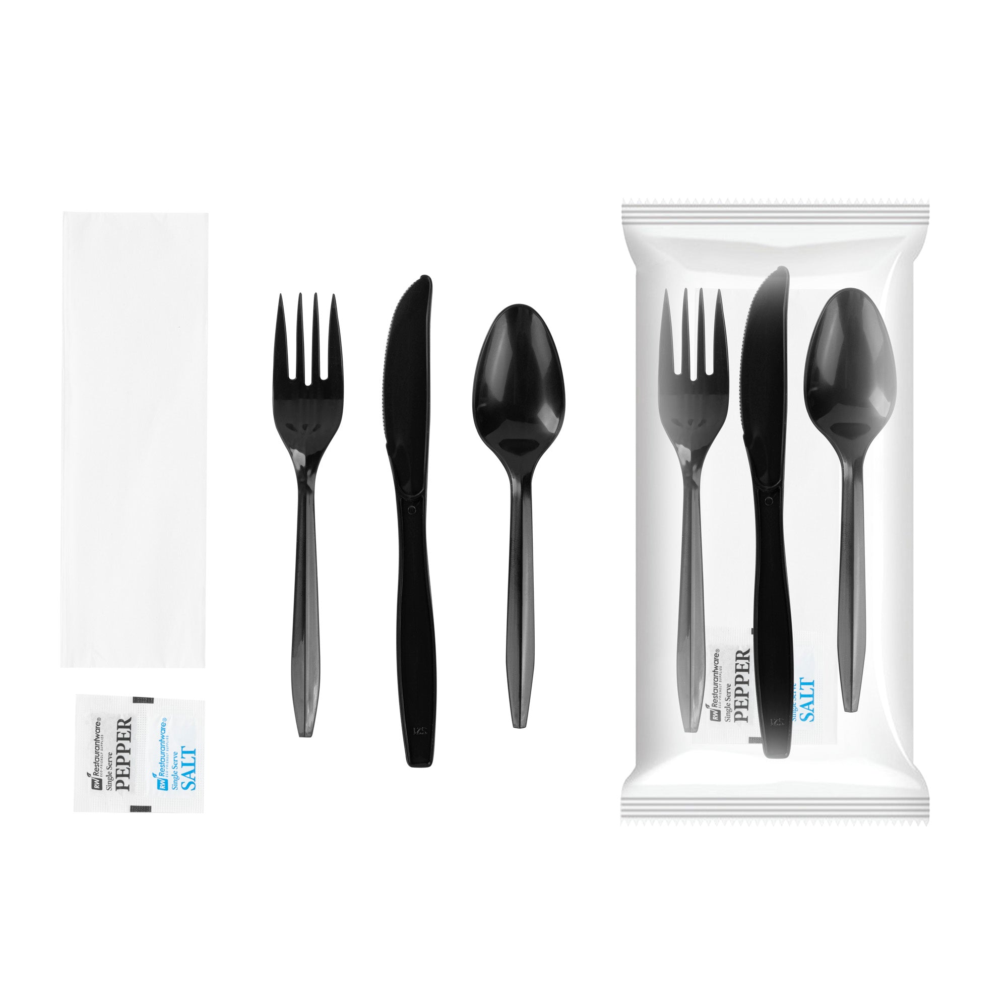 Chef 101 Black Plastic Cutlery Set - with Napkin and Salt / Pepper Packets, Medium Weight, Wrapped - 6 1/2" - 500 count box