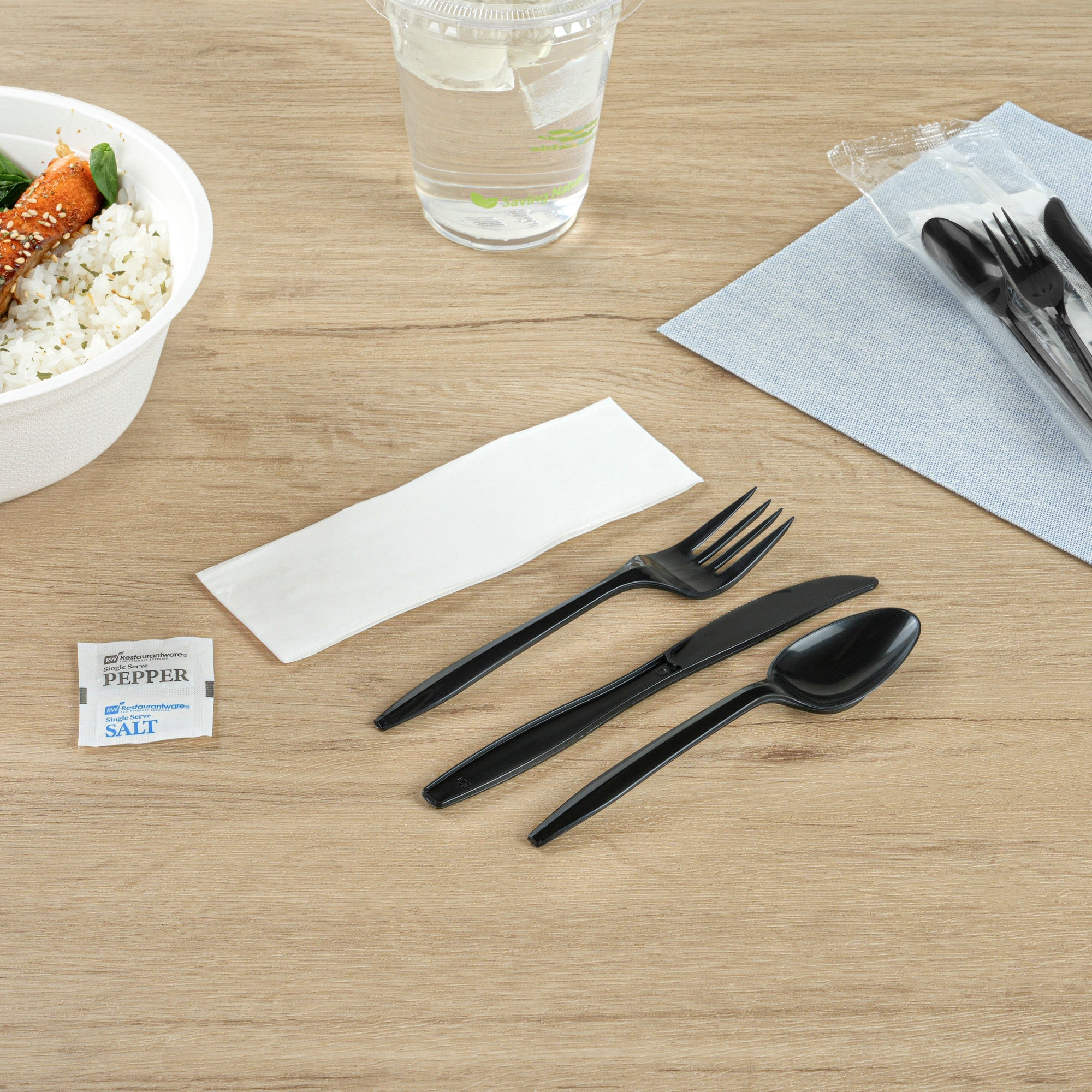 Chef 101 Black Plastic Cutlery Set - with Napkin and Salt / Pepper Packets, Medium Weight, Wrapped - 6 1/2" - 250 count box