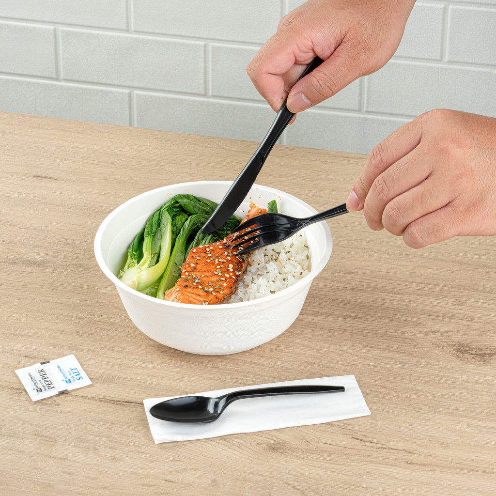 Chef 101 Black Plastic Cutlery Set - with Napkin and Salt / Pepper Packets, Medium Weight, Wrapped - 6 1/2" - 250 count box