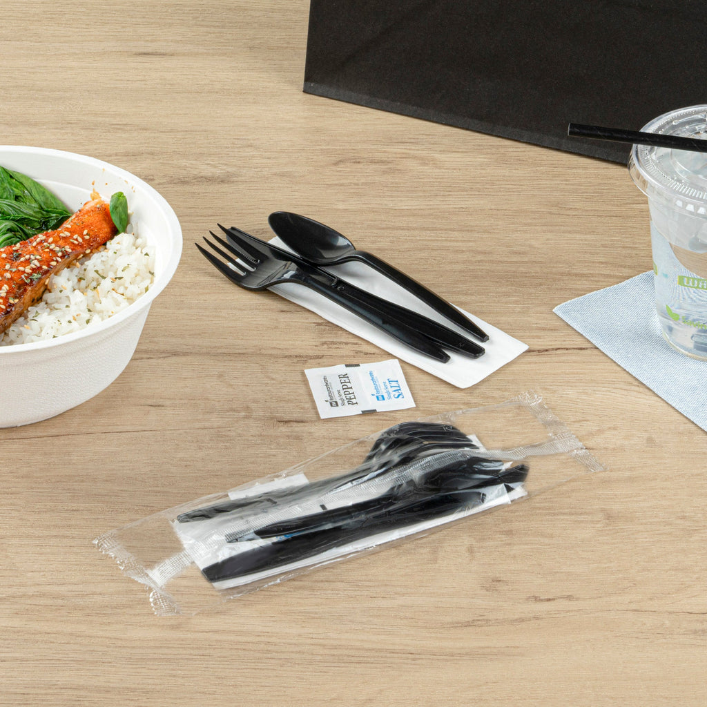 Chef 101 Black Plastic Cutlery Set - with Napkin and Salt / Pepper Packets, Medium Weight, Wrapped - 6 1/2" - 250 count box