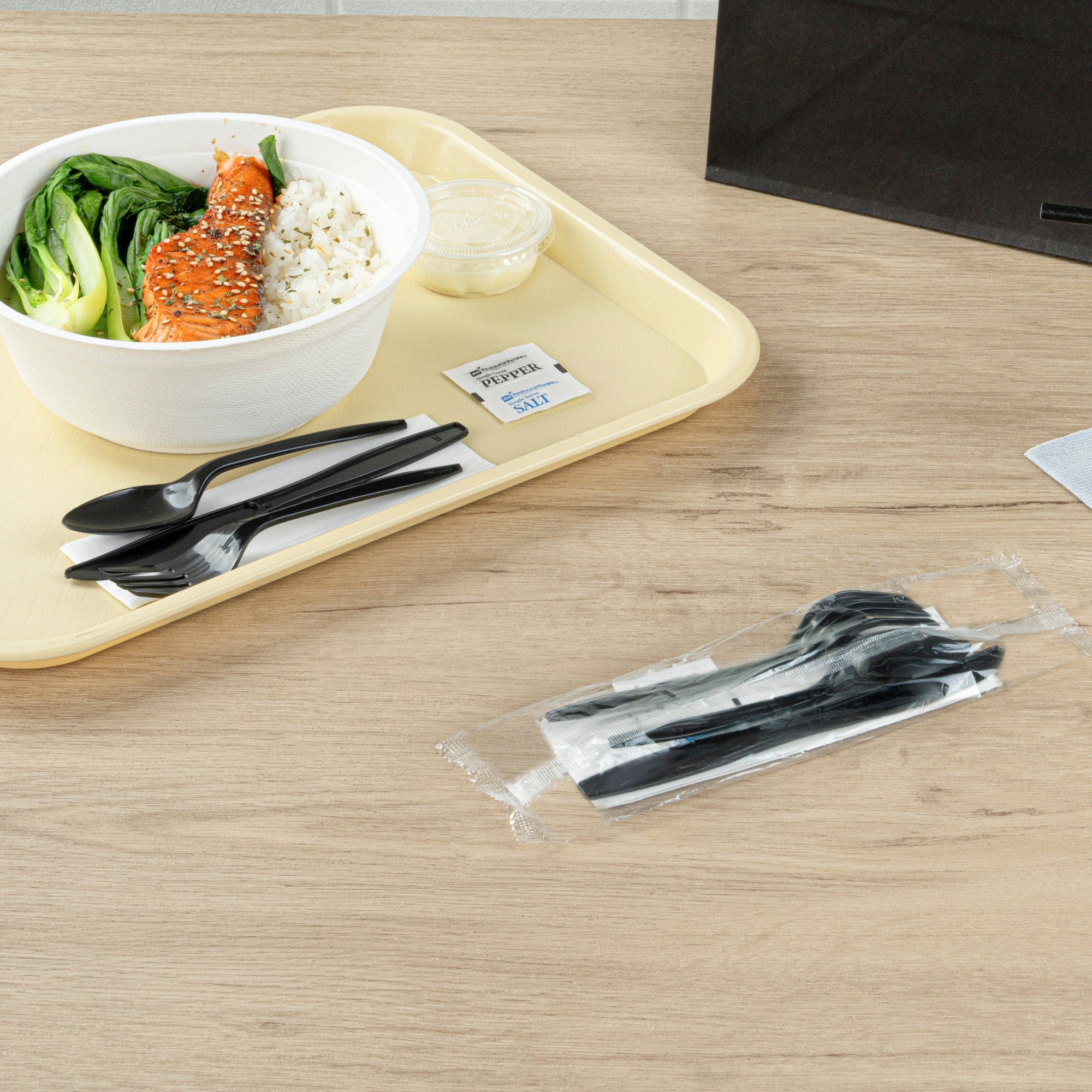 Chef 101 Black Plastic Cutlery Set - with Napkin and Salt / Pepper Packets, Medium Weight, Wrapped - 6 1/2" - 250 count box