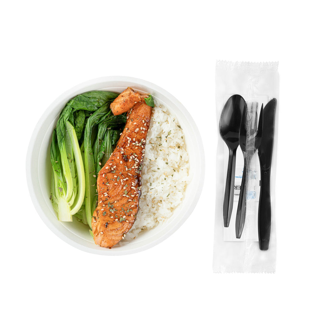Chef 101 Black Plastic Cutlery Set - with Napkin and Salt / Pepper Packets, Medium Weight, Wrapped - 6 1/2" - 500 count box
