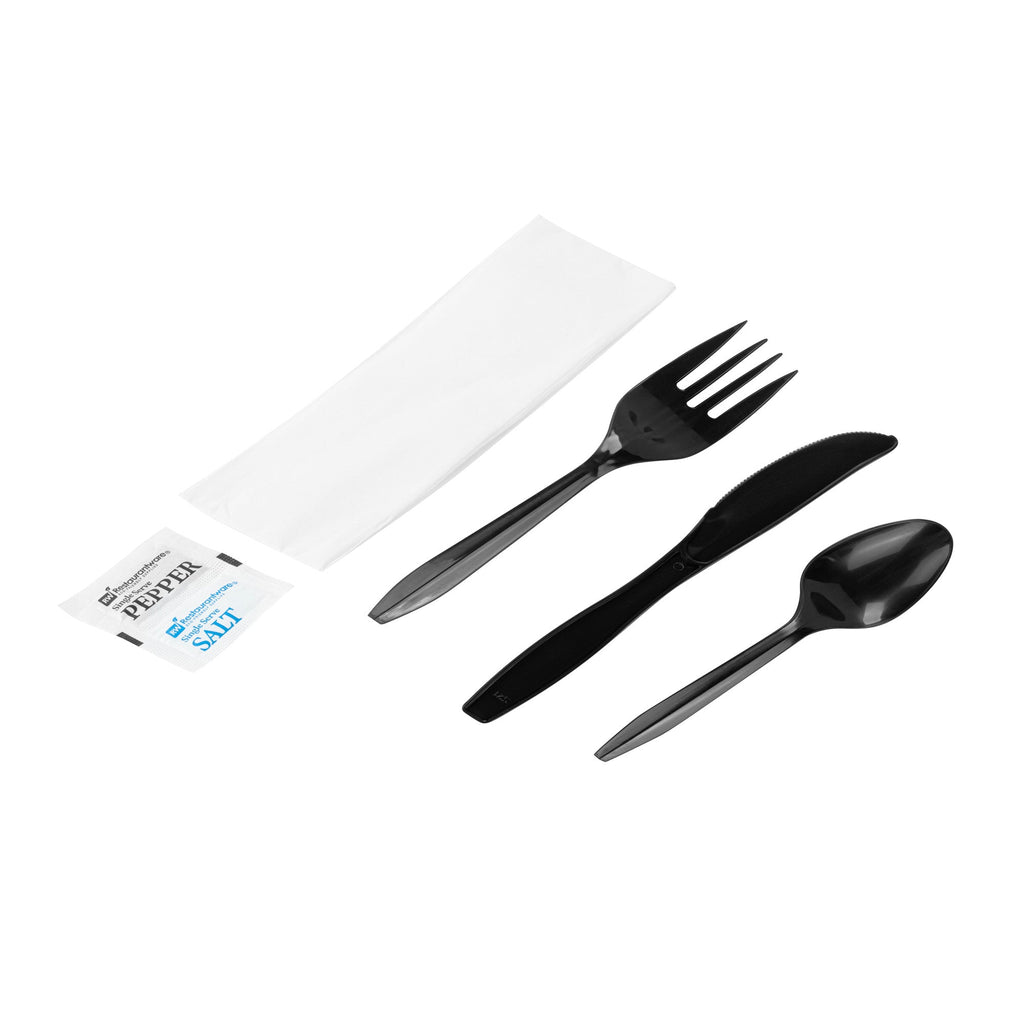 Chef 101 Black Plastic Cutlery Set - with Napkin and Salt / Pepper Packets, Medium Weight, Wrapped - 6 1/2" - 500 count box