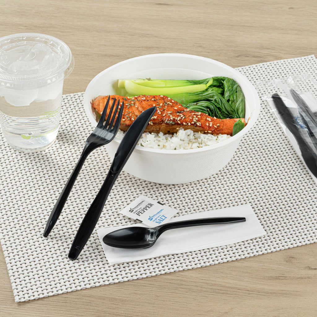 Chef 101 Black Plastic Cutlery Set - with Napkin and Salt / Pepper Packets, Medium Weight, Wrapped - 6 1/2" - 500 count box