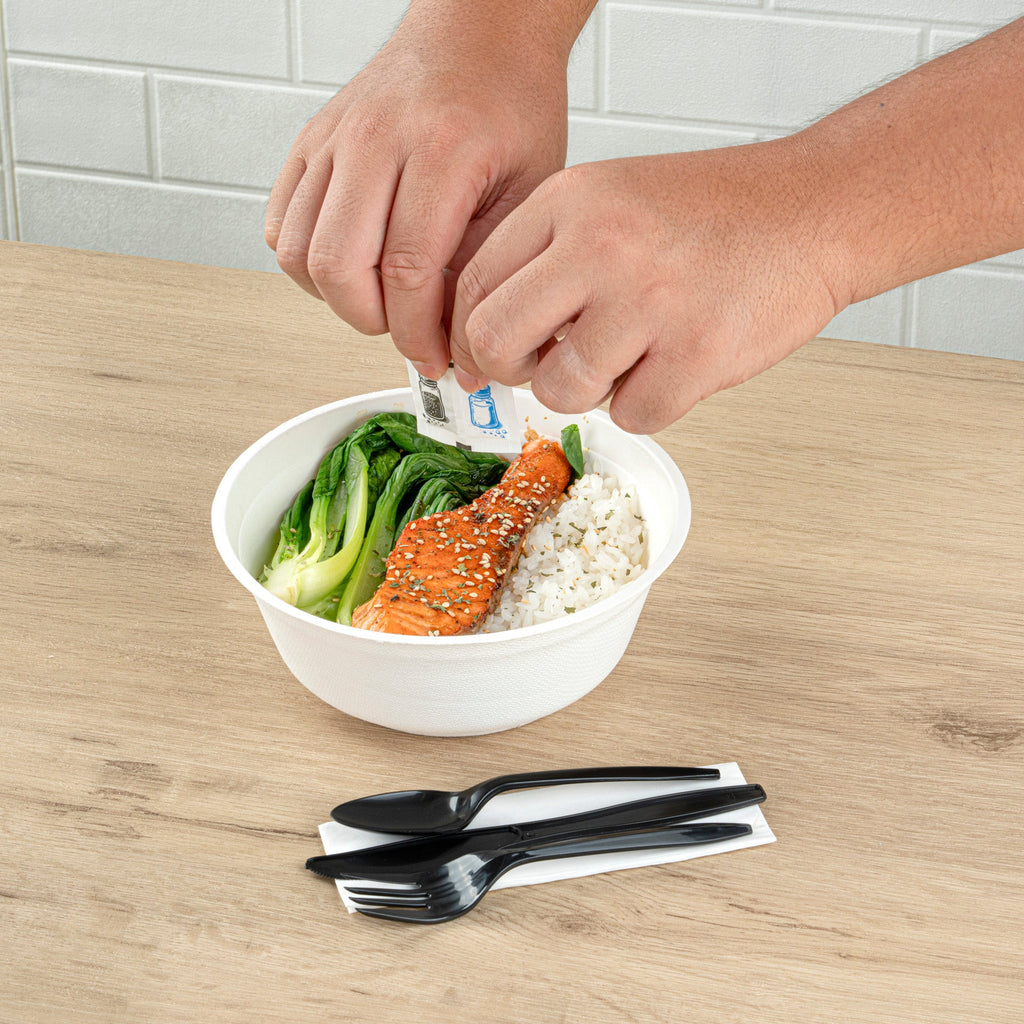 Chef 101 Black Plastic Cutlery Set - with Napkin and Salt / Pepper Packets, Medium Weight, Wrapped - 6 1/2" - 500 count box