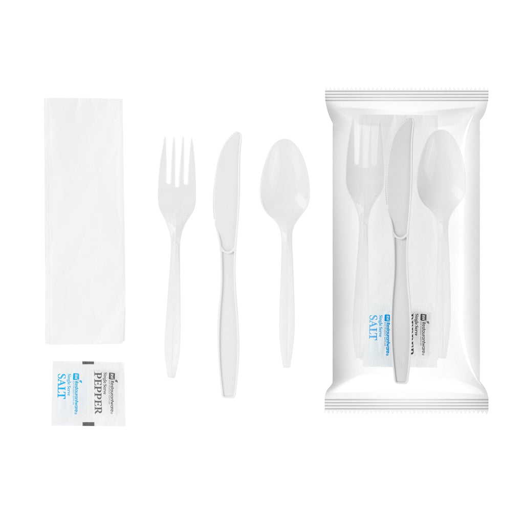 Chef 101 White Plastic Cutlery Set - with Napkin and Salt / Pepper Packets, Medium Weight, Wrapped - 6 1/2" - 500 count box
