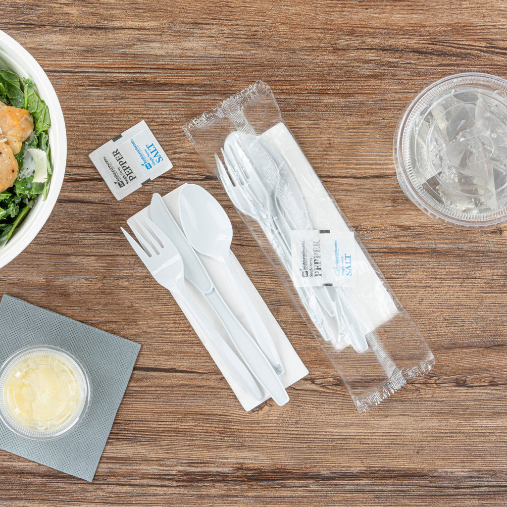 Chef 101 White Plastic Cutlery Set - with Napkin and Salt / Pepper Packets, Medium Weight, Wrapped - 6 1/2" - 250 count box