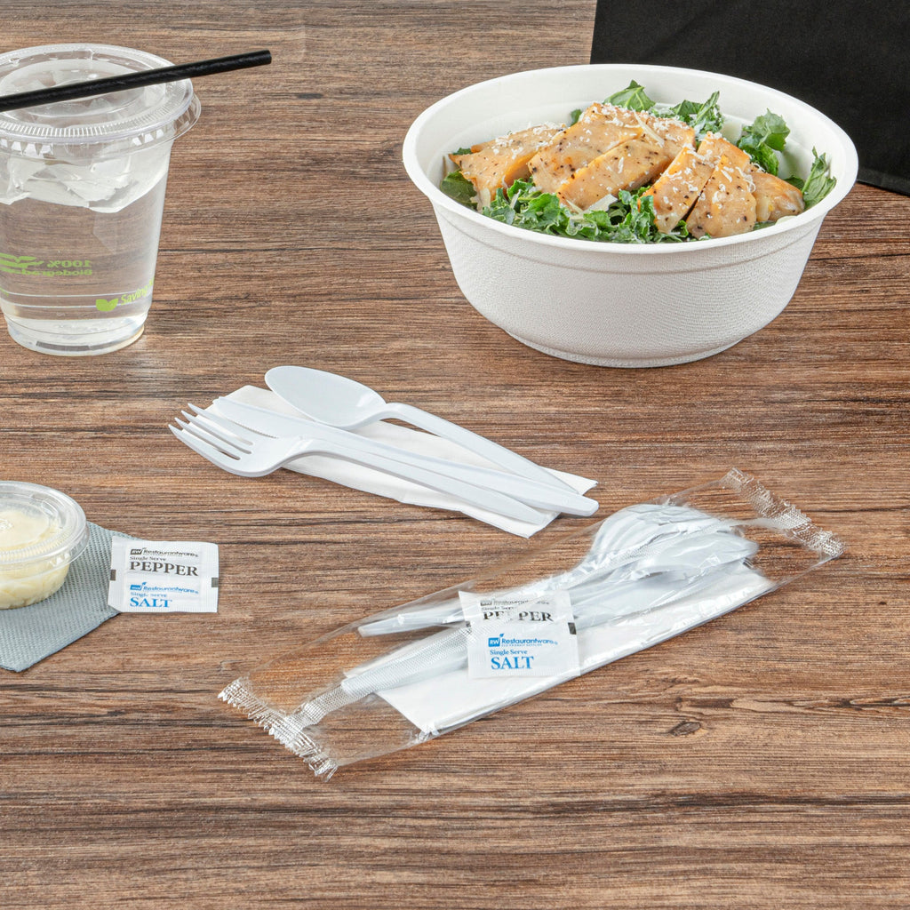 Chef 101 White Plastic Cutlery Set - with Napkin and Salt / Pepper Packets, Medium Weight, Wrapped - 6 1/2" - 250 count box