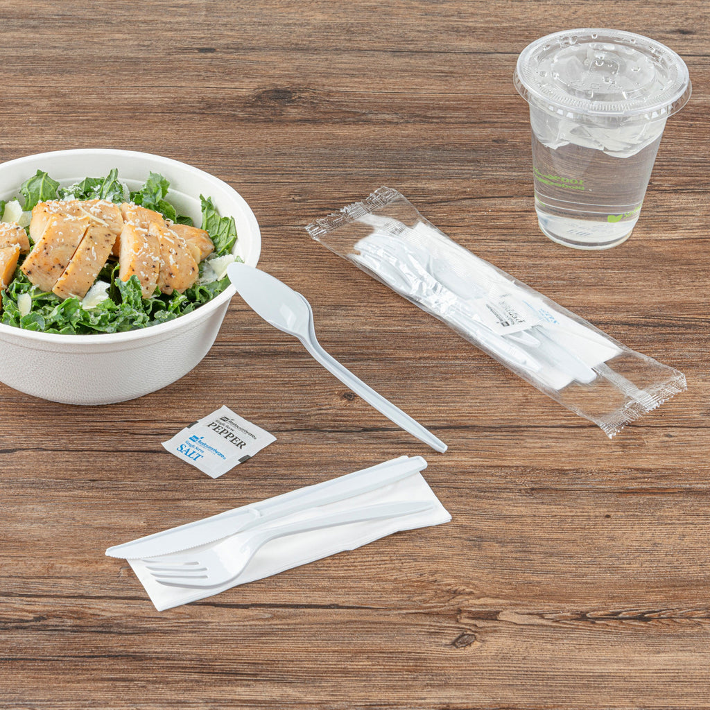 Chef 101 White Plastic Cutlery Set - with Napkin and Salt / Pepper Packets, Medium Weight, Wrapped - 6 1/2" - 500 count box