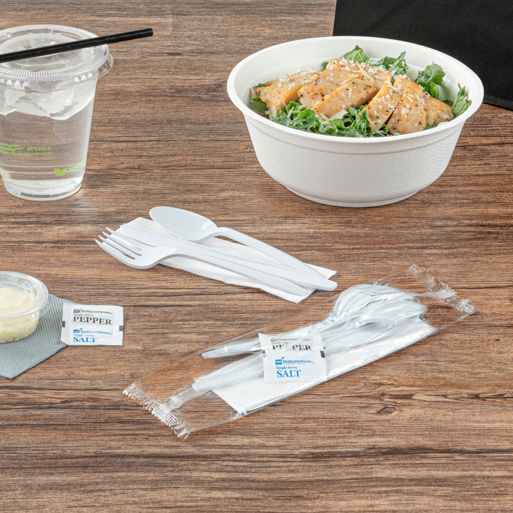 Chef 101 White Plastic Cutlery Set - with Napkin and Salt / Pepper Packets, Medium Weight, Wrapped - 6 1/2" - 500 count box