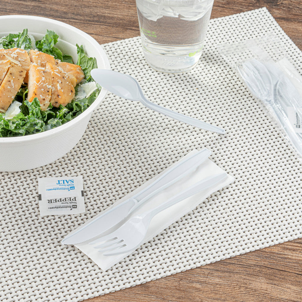 Chef 101 White Plastic Cutlery Set - with Napkin and Salt / Pepper Packets, Medium Weight, Wrapped - 6 1/2" - 500 count box