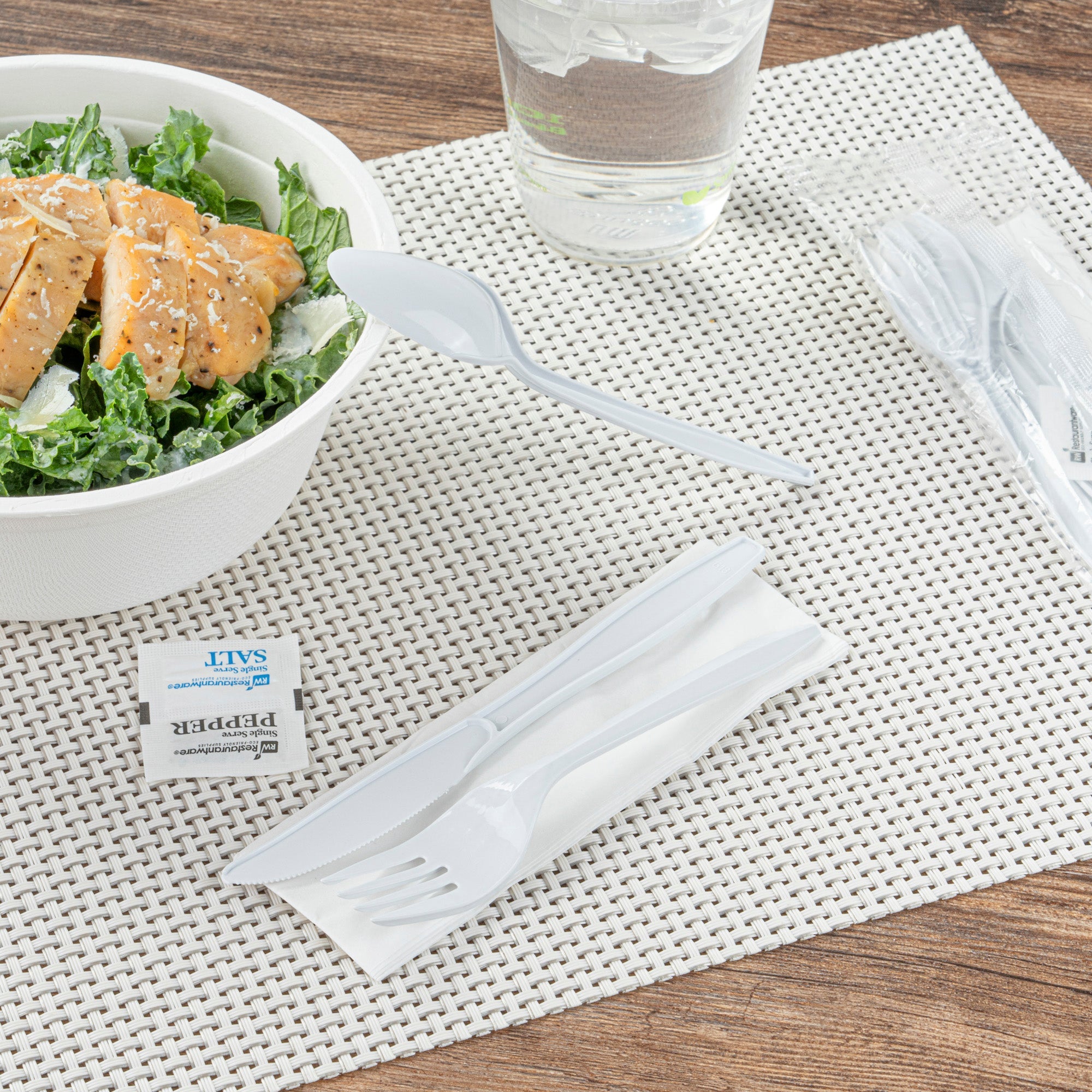 Chef 101 White Plastic Cutlery Set - with Napkin and Salt / Pepper Packets, Medium Weight, Wrapped - 6 1/2" - 500 count box