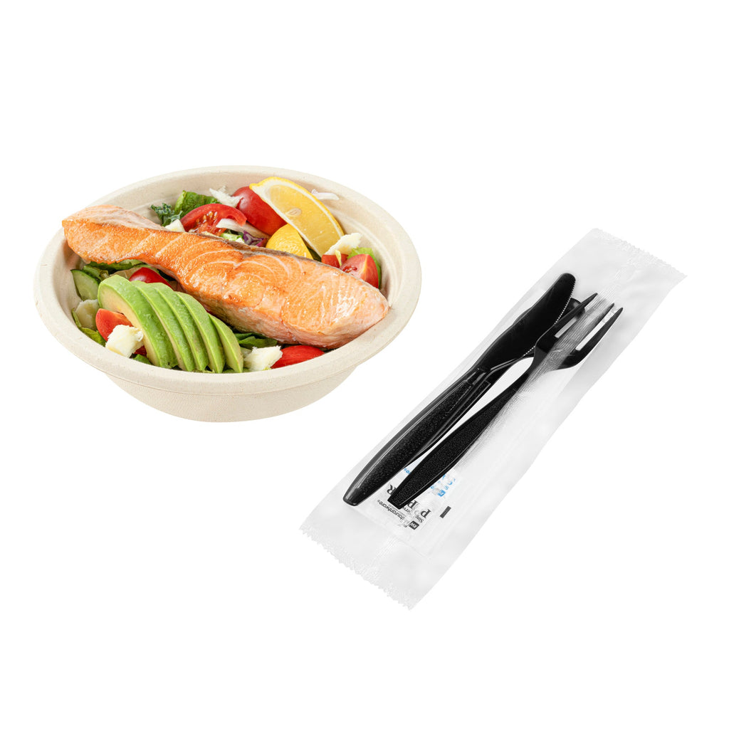 Chef 101 Black Plastic Cutlery Set - with Napkin and Salt / Pepper Packets, Extra Heavy Weight, Wrapped - 7 1/2" - 250 count box