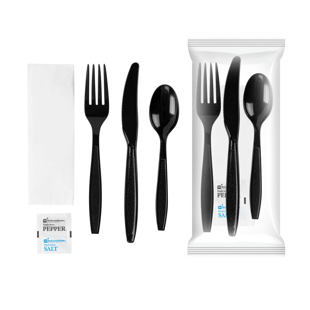 Chef 101 Black Plastic Cutlery Set - with Napkin and Salt / Pepper Packets, Extra Heavy Weight, Wrapped - 7 1/2" - 250 count box