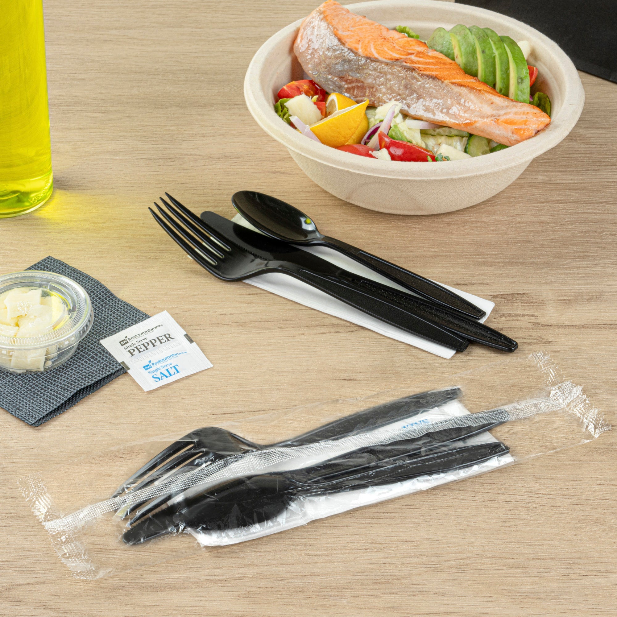 Chef 101 Black Plastic Cutlery Set - with Napkin and Salt / Pepper Packets, Extra Heavy Weight, Wrapped - 7 1/2" - 250 count box