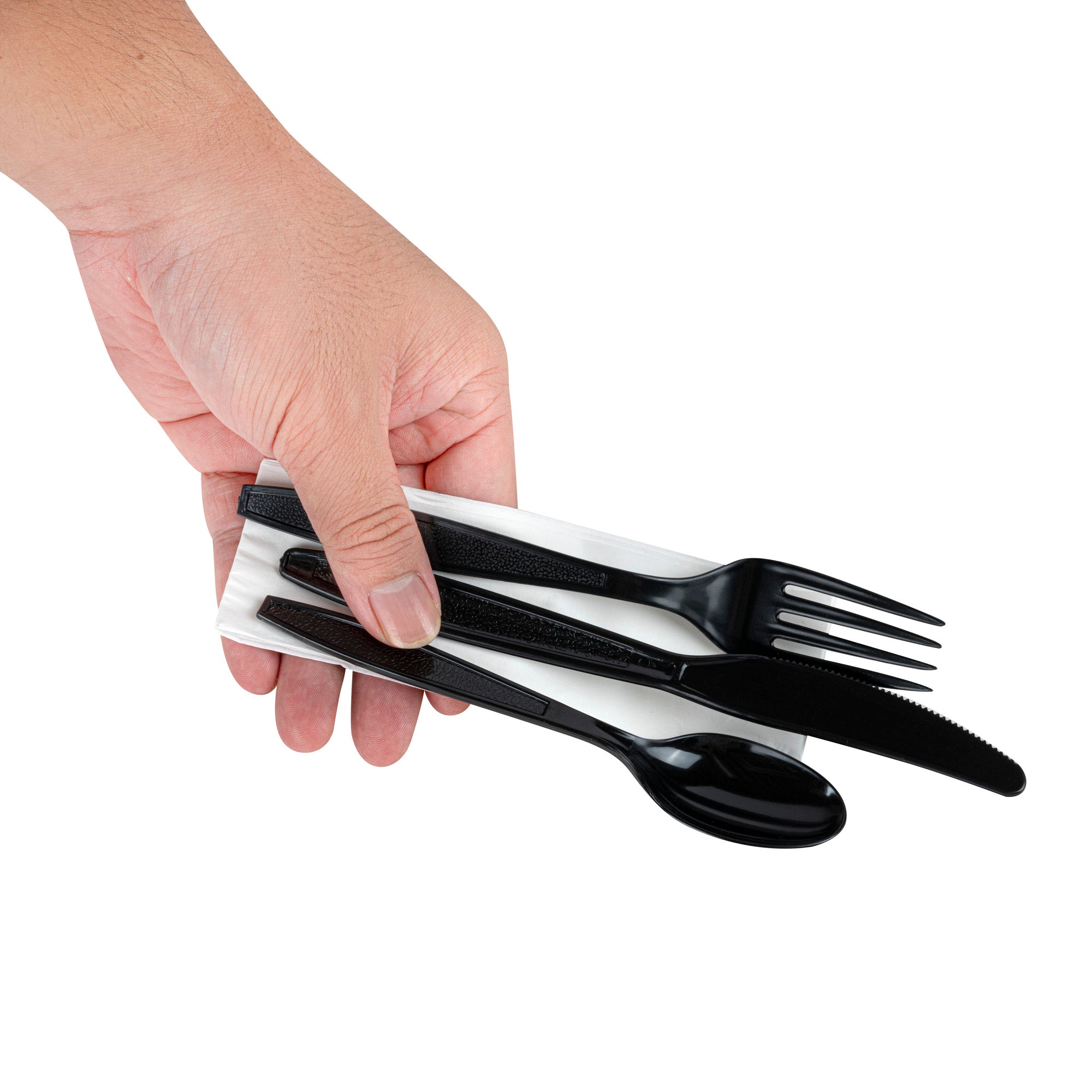 Chef 101 Black Plastic Cutlery Set - with Napkin and Salt / Pepper Packets, Extra Heavy Weight, Wrapped - 7 1/2" - 250 count box