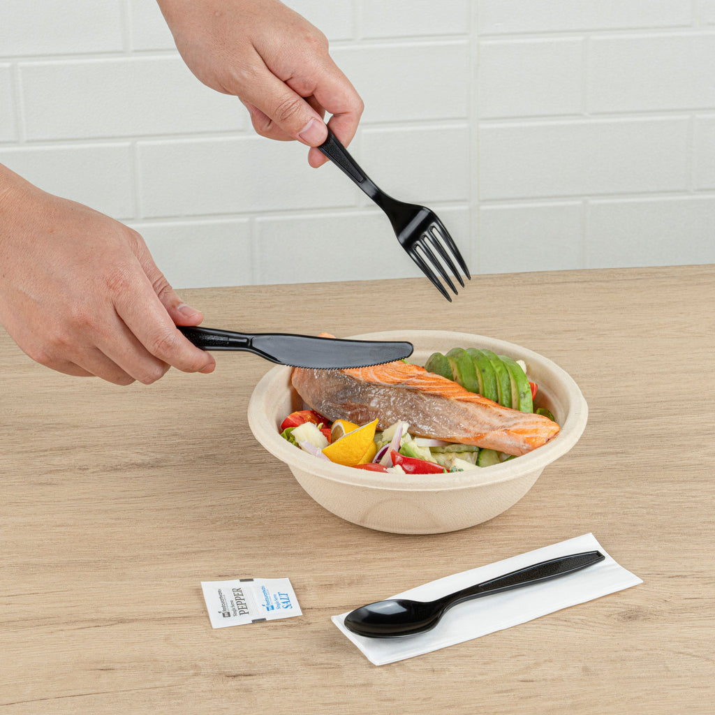 Chef 101 Black Plastic Cutlery Set - with Napkin and Salt / Pepper Packets, Extra Heavy Weight, Wrapped - 7 1/2" - 250 count box