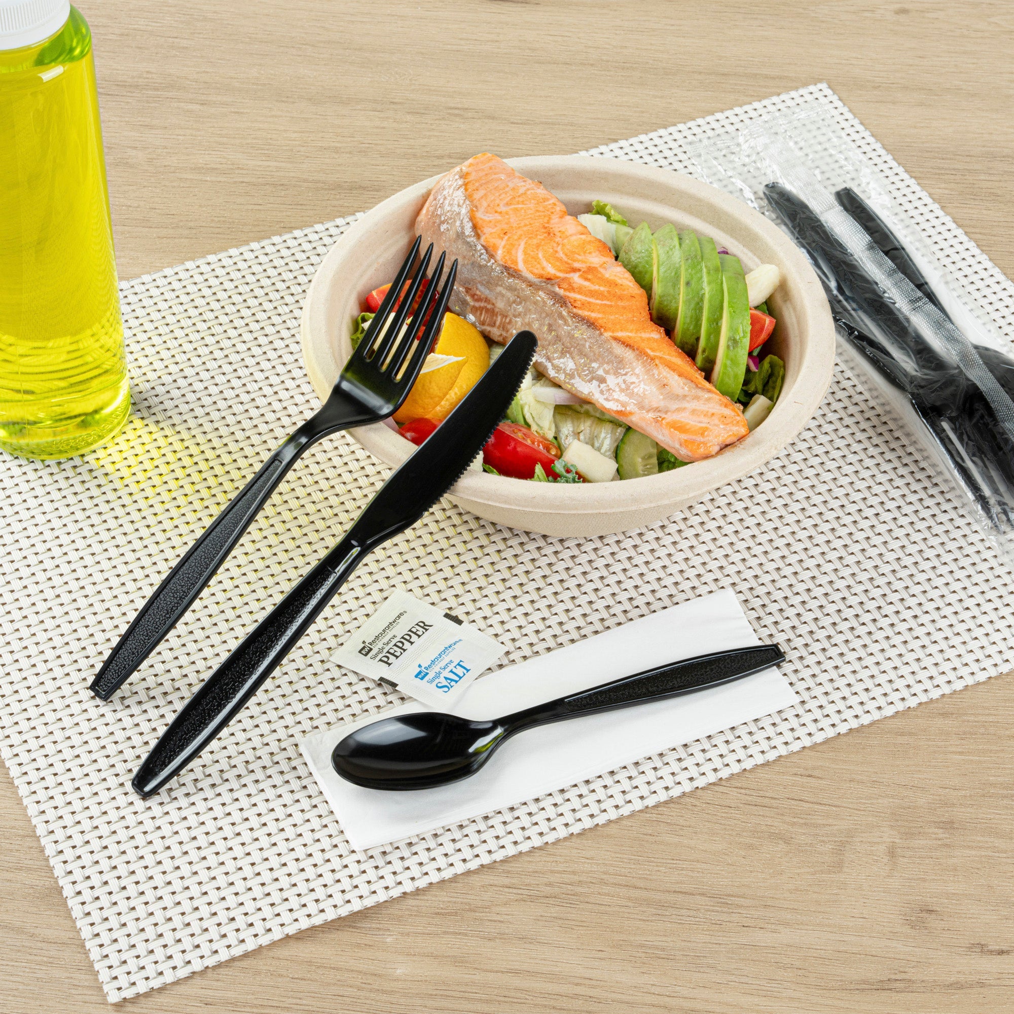 Chef 101 Black Plastic Cutlery Set - with Napkin and Salt / Pepper Packets, Extra Heavy Weight, Wrapped - 7 1/2" - 250 count box