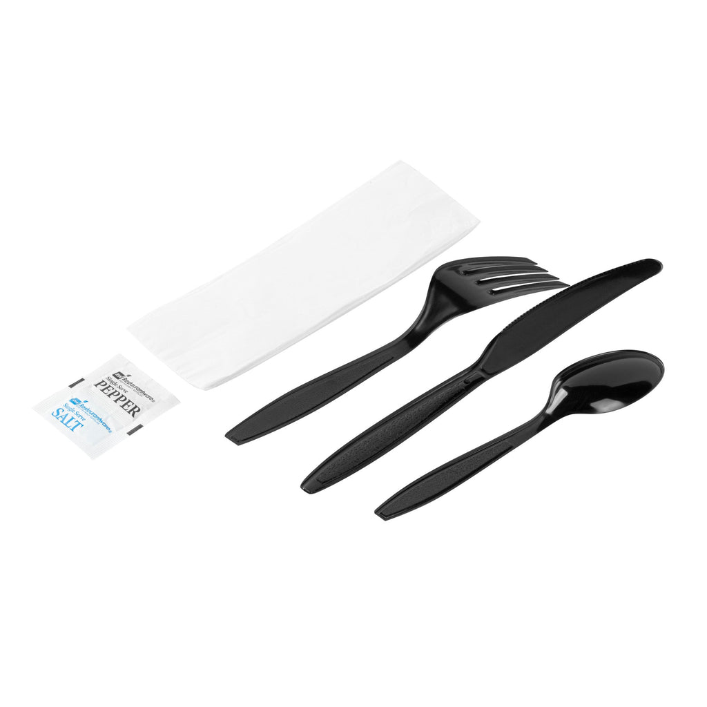 Chef 101 Black Plastic Cutlery Set - with Napkin and Salt / Pepper Packets, Extra Heavy Weight, Wrapped - 7 1/2" - 500 count box