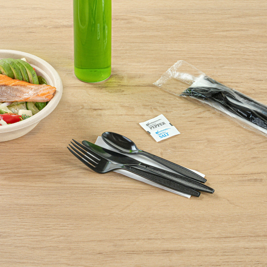 Chef 101 Black Plastic Cutlery Set - with Napkin and Salt / Pepper Packets, Extra Heavy Weight, Wrapped - 7 1/2" - 500 count box