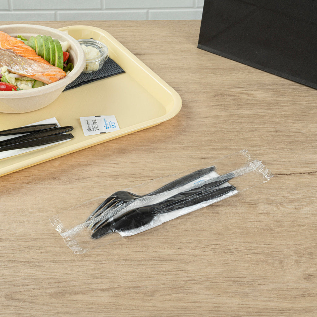 Chef 101 Black Plastic Cutlery Set - with Napkin and Salt / Pepper Packets, Extra Heavy Weight, Wrapped - 7 1/2" - 500 count box