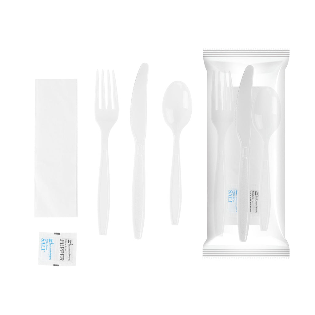 Chef 101 White Plastic Cutlery Set - with Napkin and Salt / Pepper Packets, Extra Heavy Weight, Wrapped - 7 1/2" - 500 count box