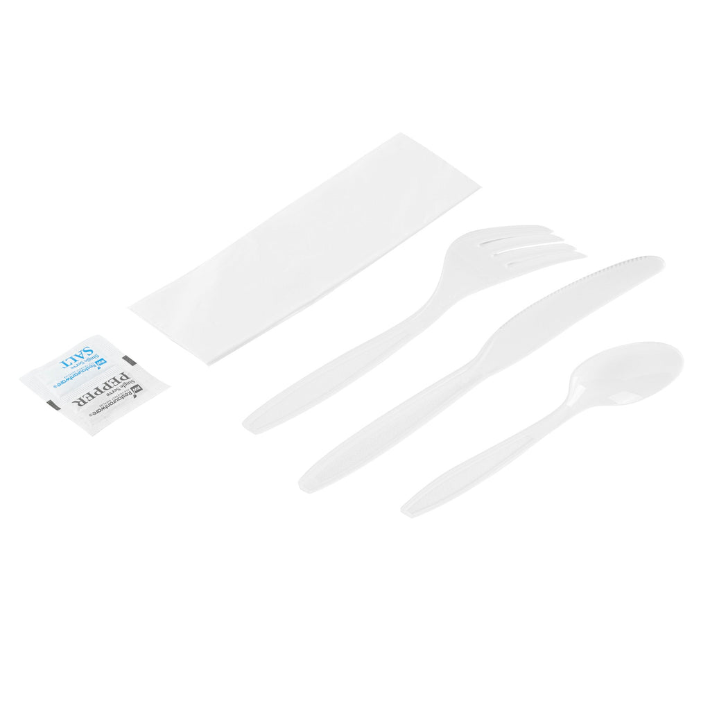 Chef 101 White Plastic Cutlery Set - with Napkin and Salt / Pepper Packets, Extra Heavy Weight, Wrapped - 7 1/2" - 500 count box