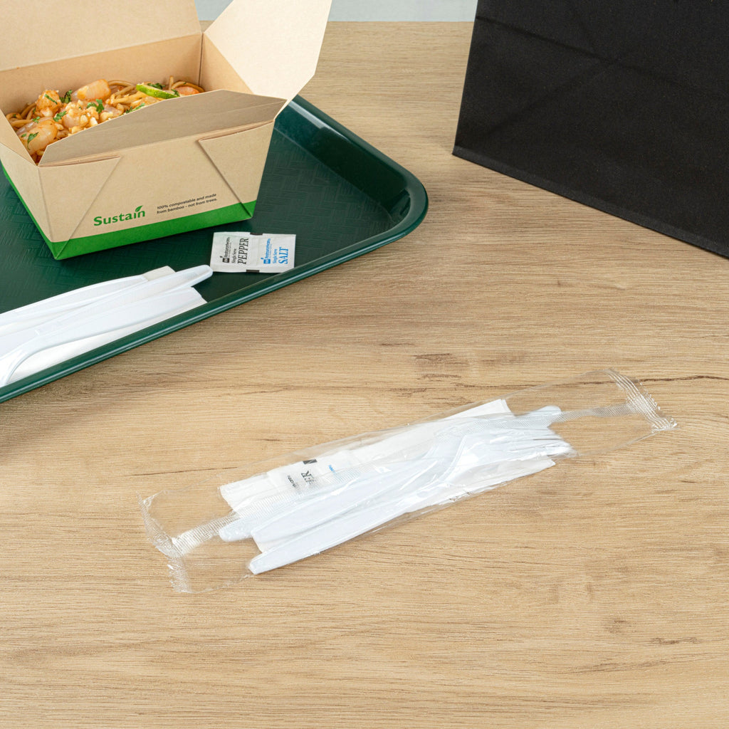 Chef 101 White Plastic Cutlery Set - with Napkin and Salt / Pepper Packets, Extra Heavy Weight, Wrapped - 7 1/2" - 500 count box