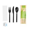 Basic Nature Black PLA Plastic Cutlery Set - with Napkin and Salt / Pepper Packets, Wrapped, Compostable - 6 1/4" - 500 count box