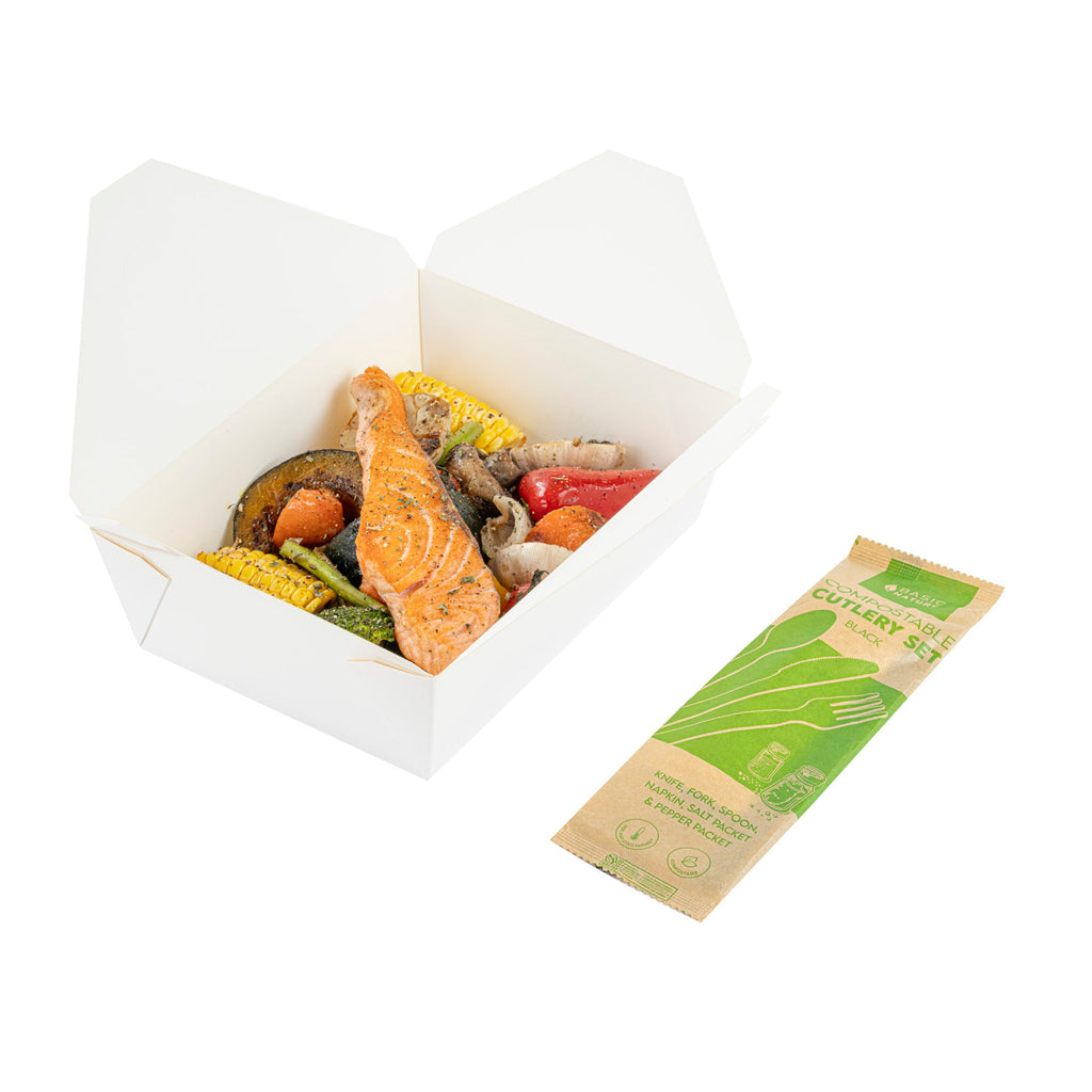 Basic Nature Black PLA Plastic Cutlery Set - with Napkin and Salt / Pepper Packets, Wrapped, Compostable - 6 1/4" - 250 count box