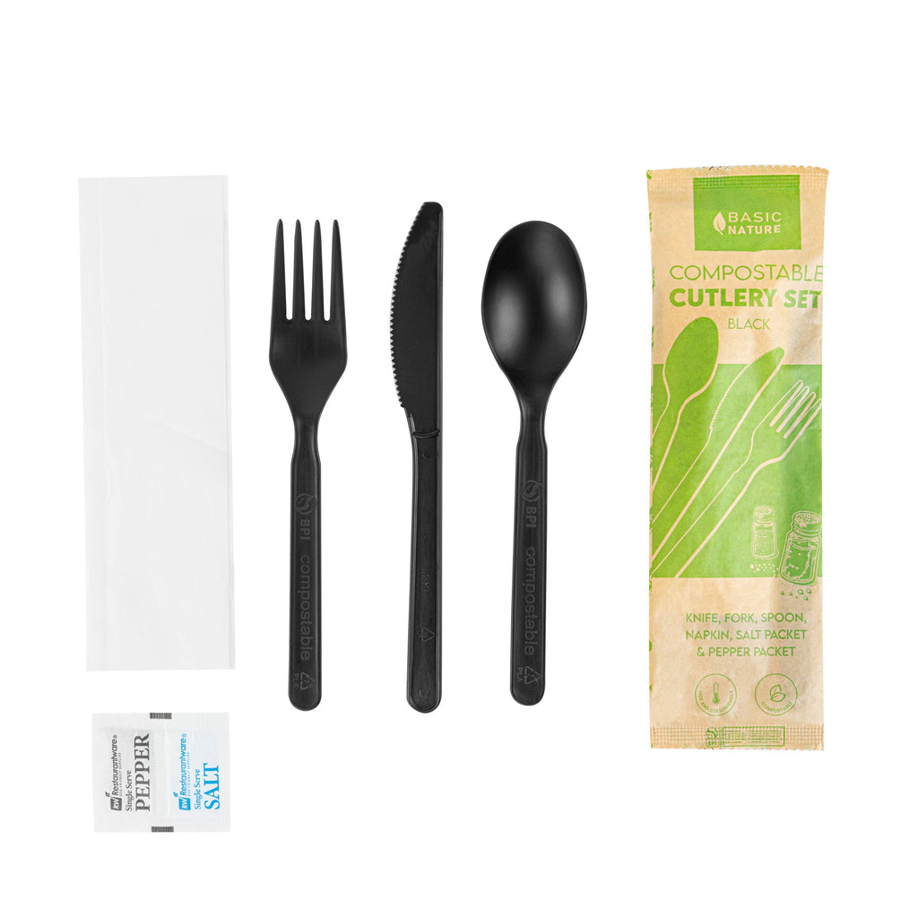 Basic Nature Black PLA Plastic Cutlery Set - with Napkin and Salt / Pepper Packets, Wrapped, Compostable - 6 1/4" - 250 count box