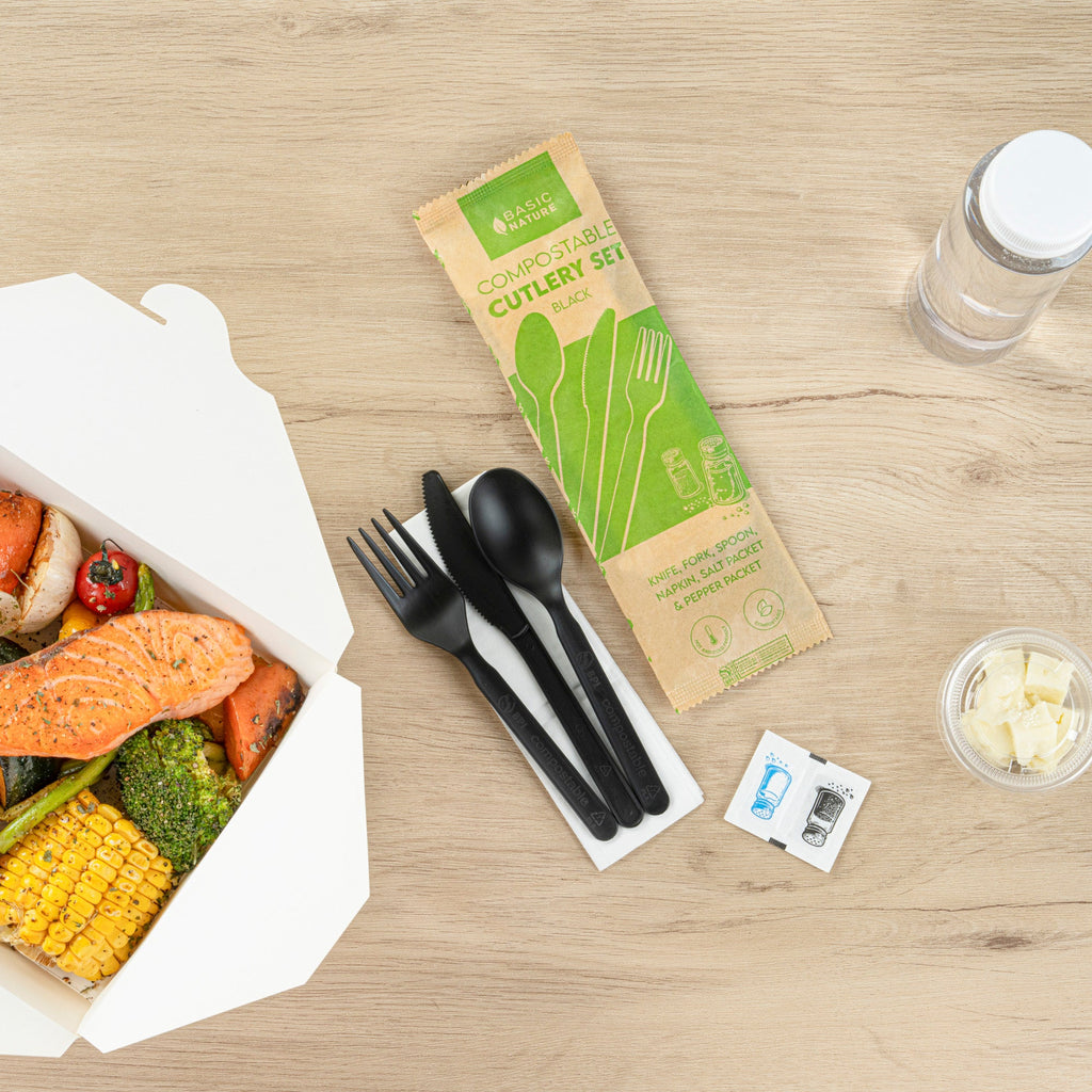 Basic Nature Black PLA Plastic Cutlery Set - with Napkin and Salt / Pepper Packets, Wrapped, Compostable - 6 1/4" - 250 count box