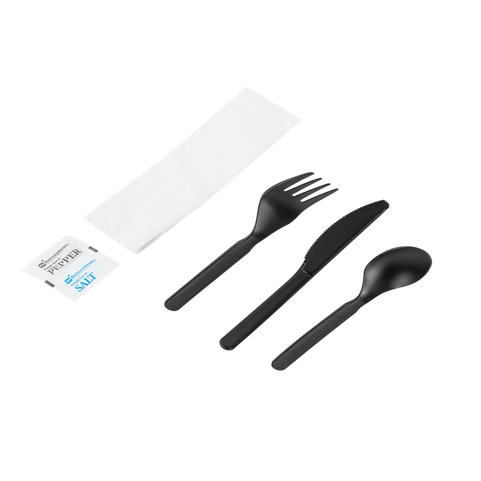 Basic Nature Black PLA Plastic Cutlery Set - with Napkin and Salt / Pepper Packets, Wrapped, Compostable - 6 1/4" - 250 count box