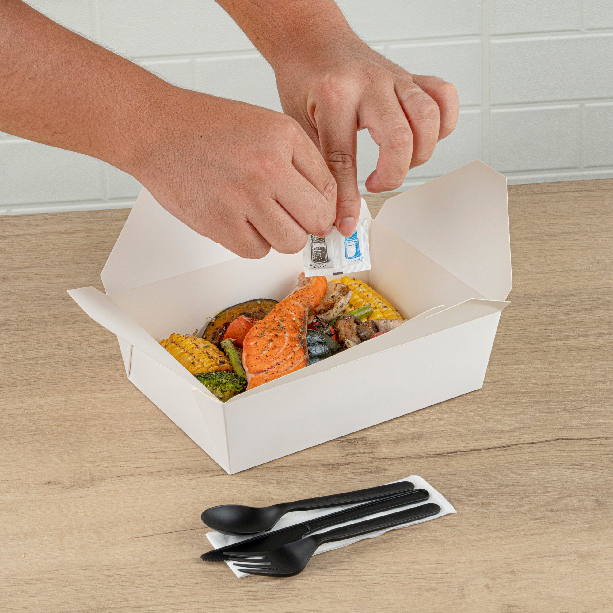 Basic Nature Black PLA Plastic Cutlery Set - with Napkin and Salt / Pepper Packets, Wrapped, Compostable - 6 1/4" - 250 count box
