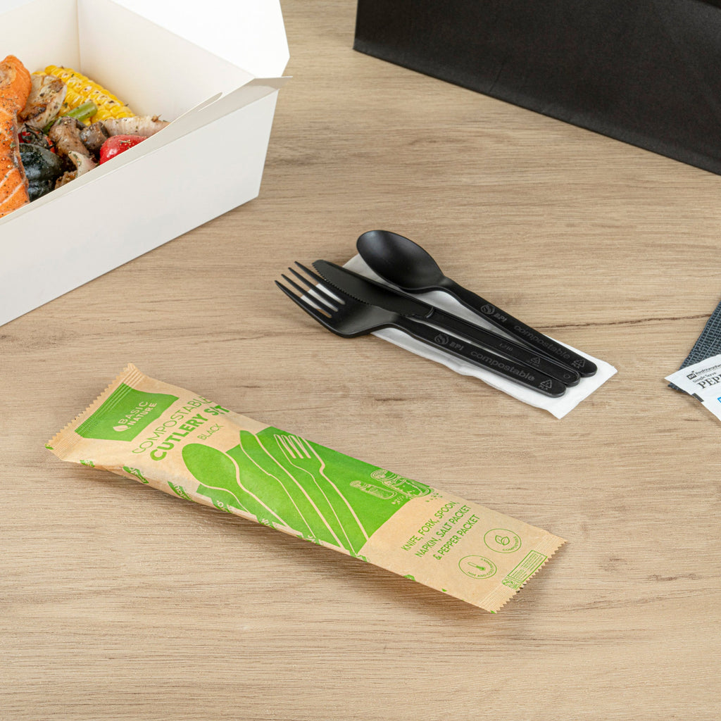 Basic Nature Black PLA Plastic Cutlery Set - with Napkin and Salt / Pepper Packets, Wrapped, Compostable - 6 1/4" - 250 count box
