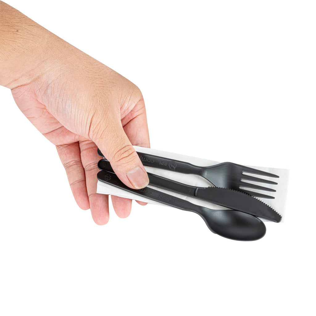 Basic Nature Black PLA Plastic Cutlery Set - with Napkin and Salt / Pepper Packets, Wrapped, Compostable - 6 1/4" - 500 count box