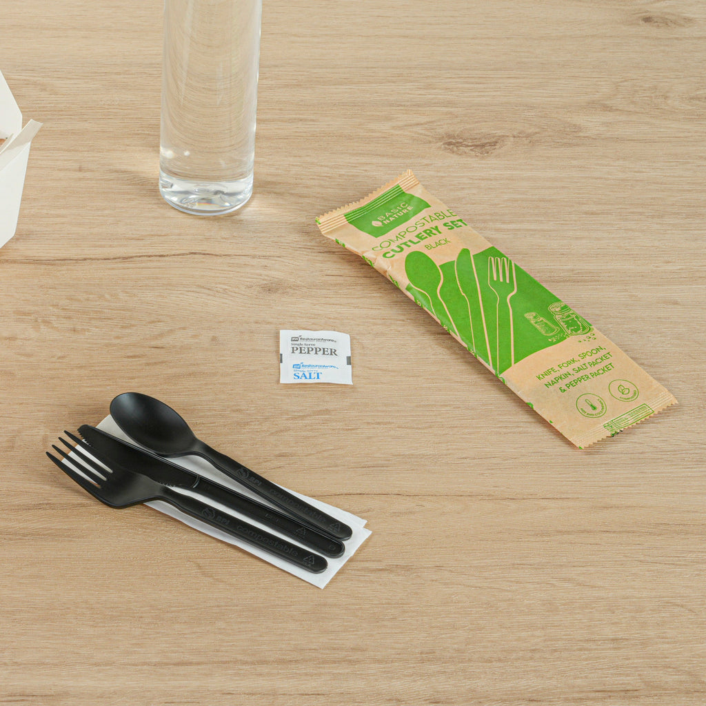 Basic Nature Black PLA Plastic Cutlery Set - with Napkin and Salt / Pepper Packets, Wrapped, Compostable - 6 1/4" - 500 count box