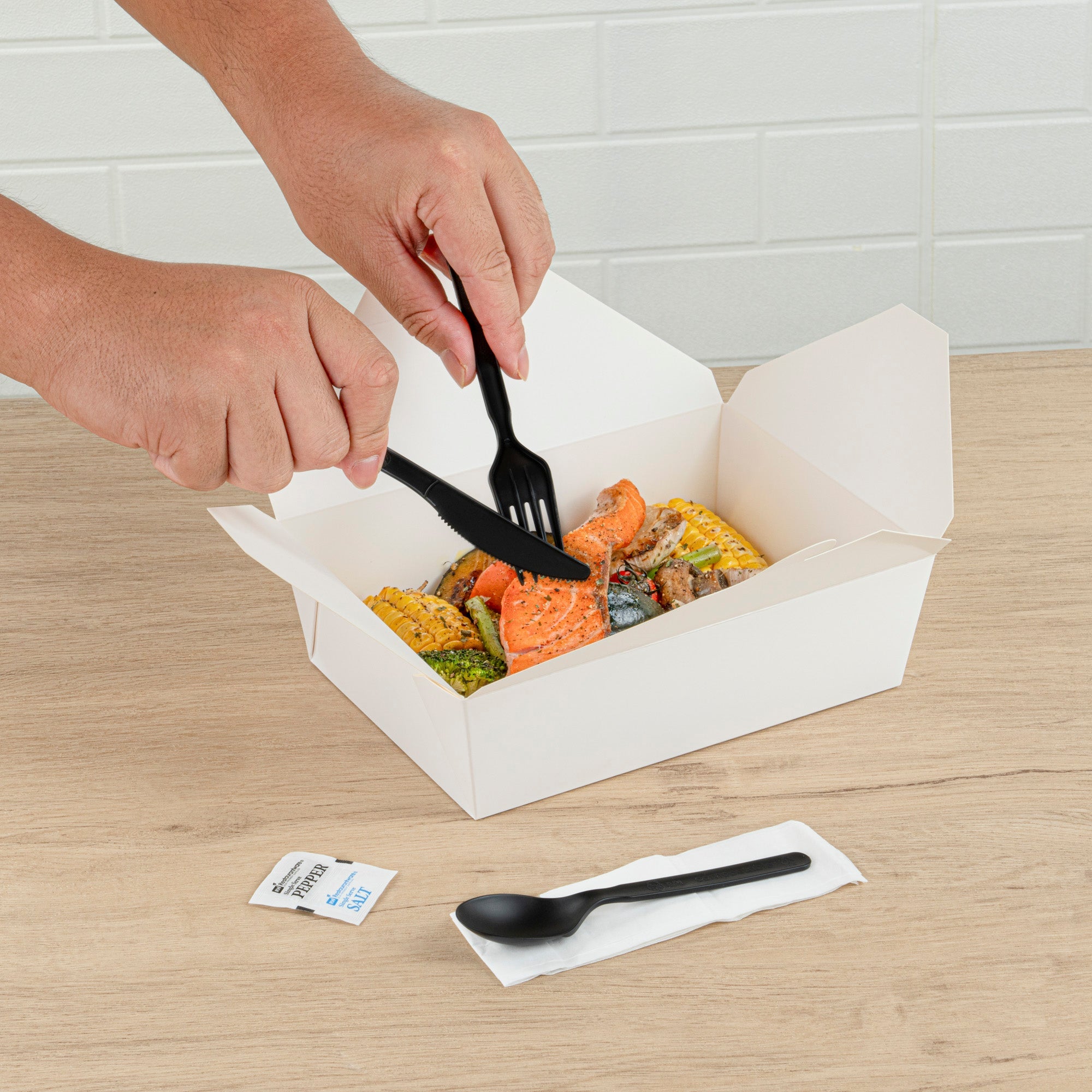 Basic Nature Black PLA Plastic Cutlery Set - with Napkin and Salt / Pepper Packets, Wrapped, Compostable - 6 1/4" - 500 count box