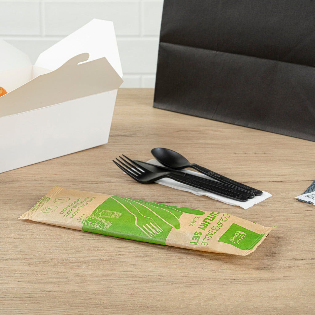 Basic Nature Black PLA Plastic Cutlery Set - with Napkin and Salt / Pepper Packets, Wrapped, Compostable - 6 1/4" - 500 count box