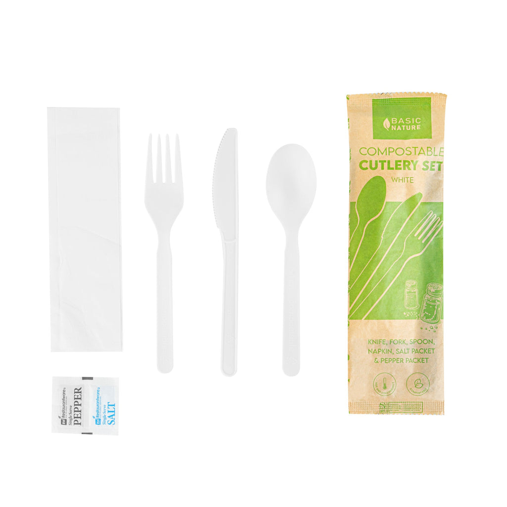 Basic Nature White PLA Plastic Cutlery Set - with Napkin and Salt / Pepper Packets, Wrapped, Compostable - 6 1/4" - 250 count box