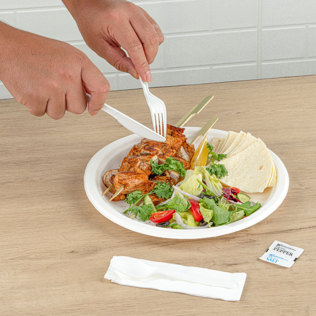 Basic Nature White PLA Plastic Cutlery Set - with Napkin and Salt / Pepper Packets, Wrapped, Compostable - 6 1/4" - 250 count box