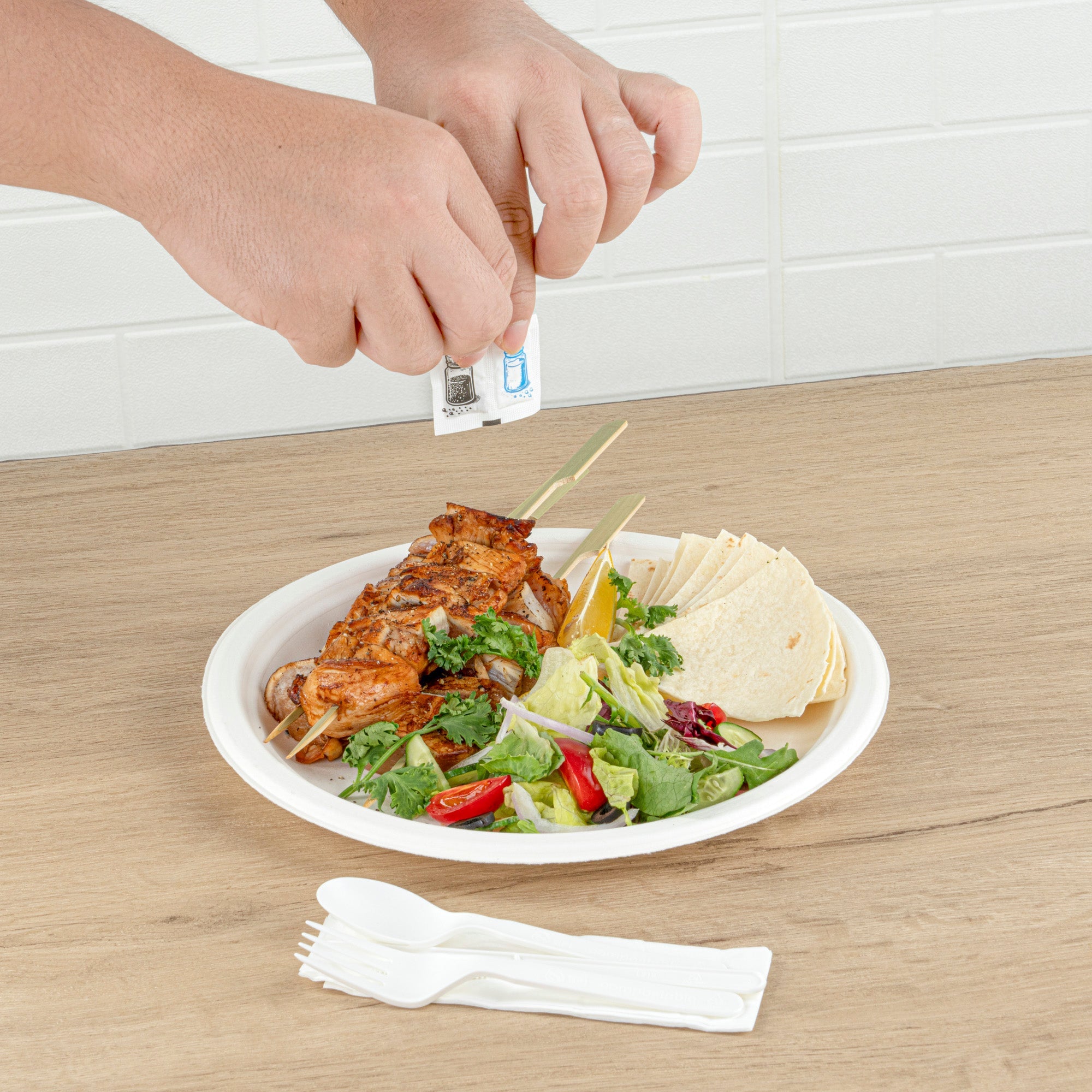 Basic Nature White PLA Plastic Cutlery Set - with Napkin and Salt / Pepper Packets, Wrapped, Compostable - 6 1/4" - 250 count box