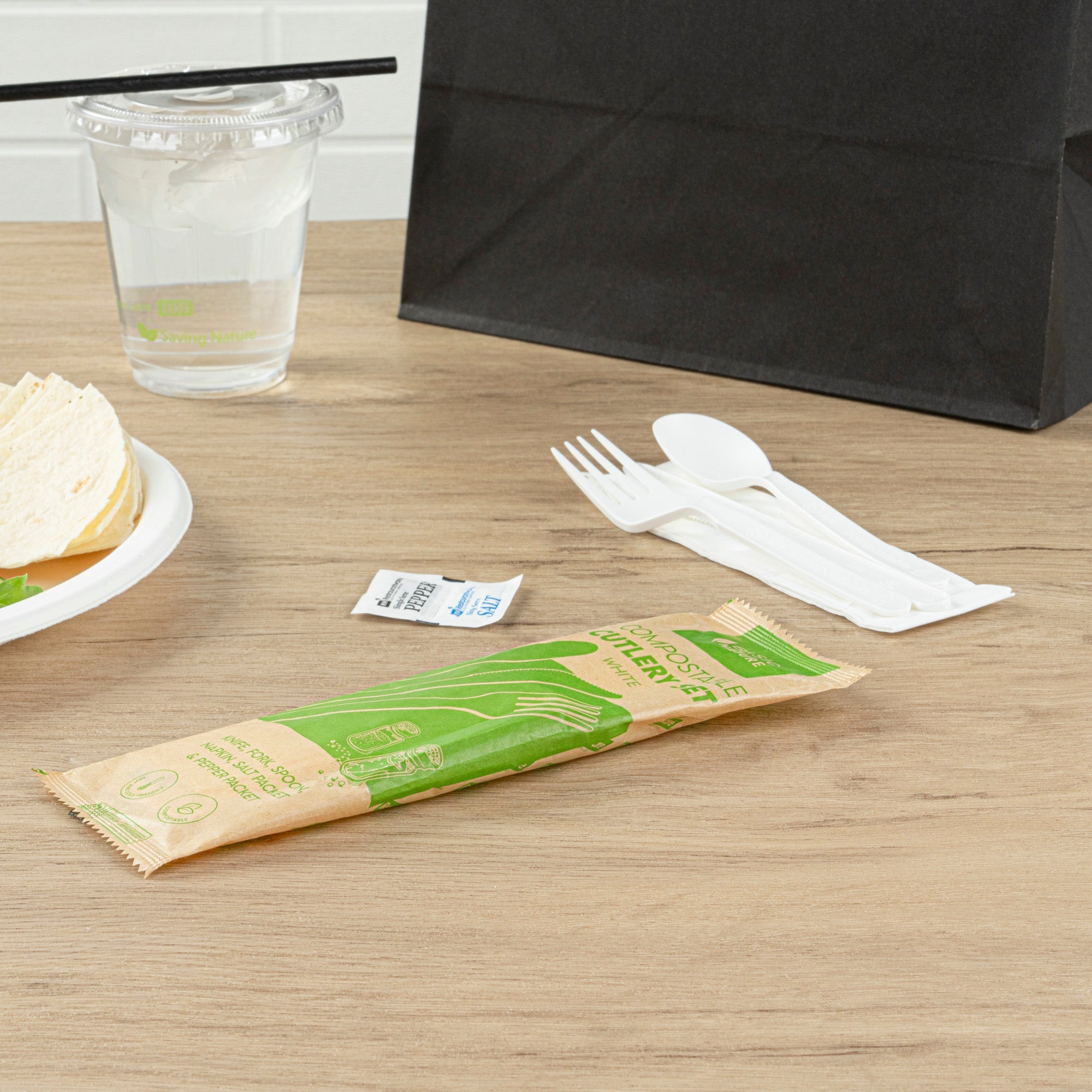 Basic Nature White PLA Plastic Cutlery Set - with Napkin and Salt / Pepper Packets, Wrapped, Compostable - 6 1/4" - 250 count box
