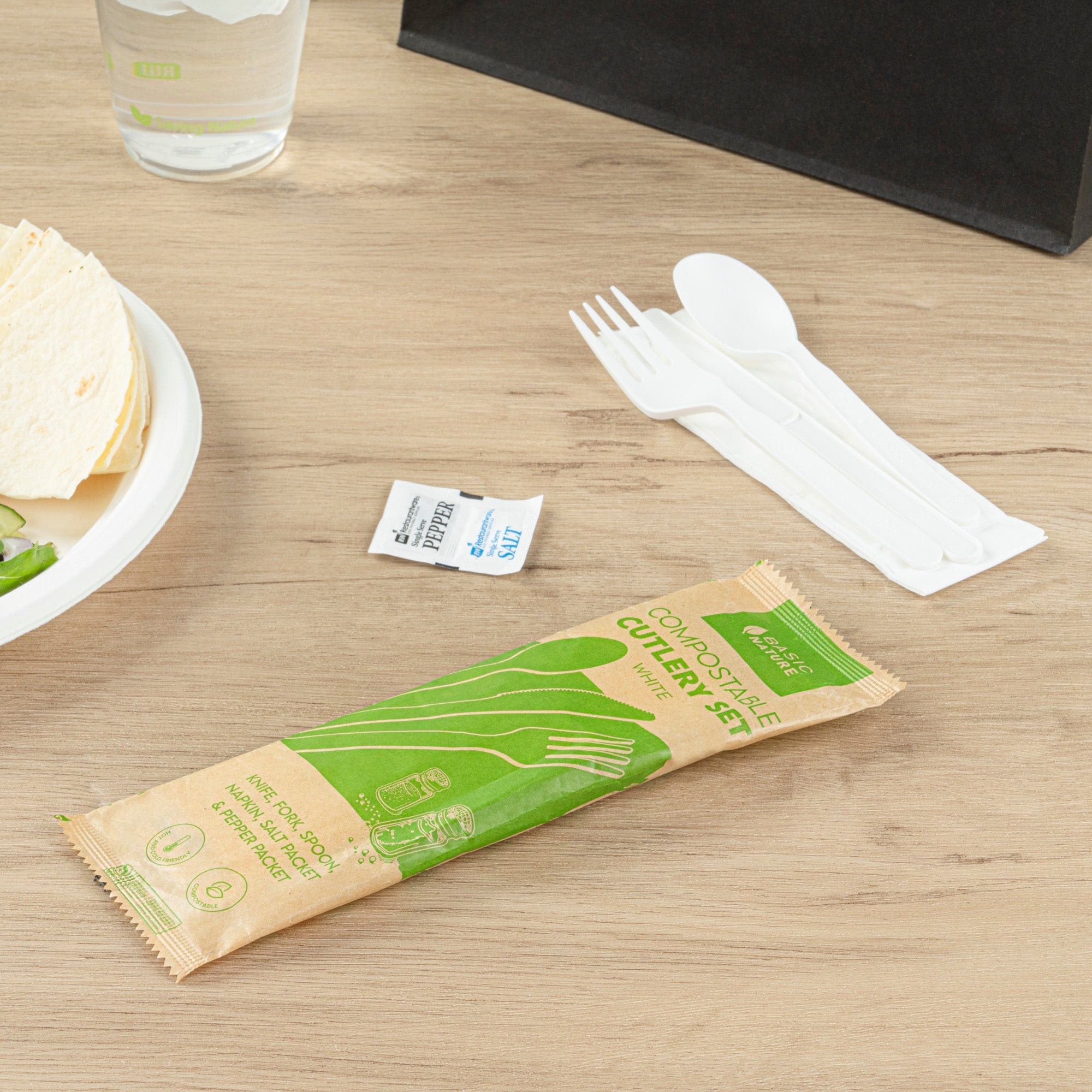 Basic Nature White PLA Plastic Cutlery Set - with Napkin and Salt / Pepper Packets, Wrapped, Compostable - 6 1/4" - 250 count box
