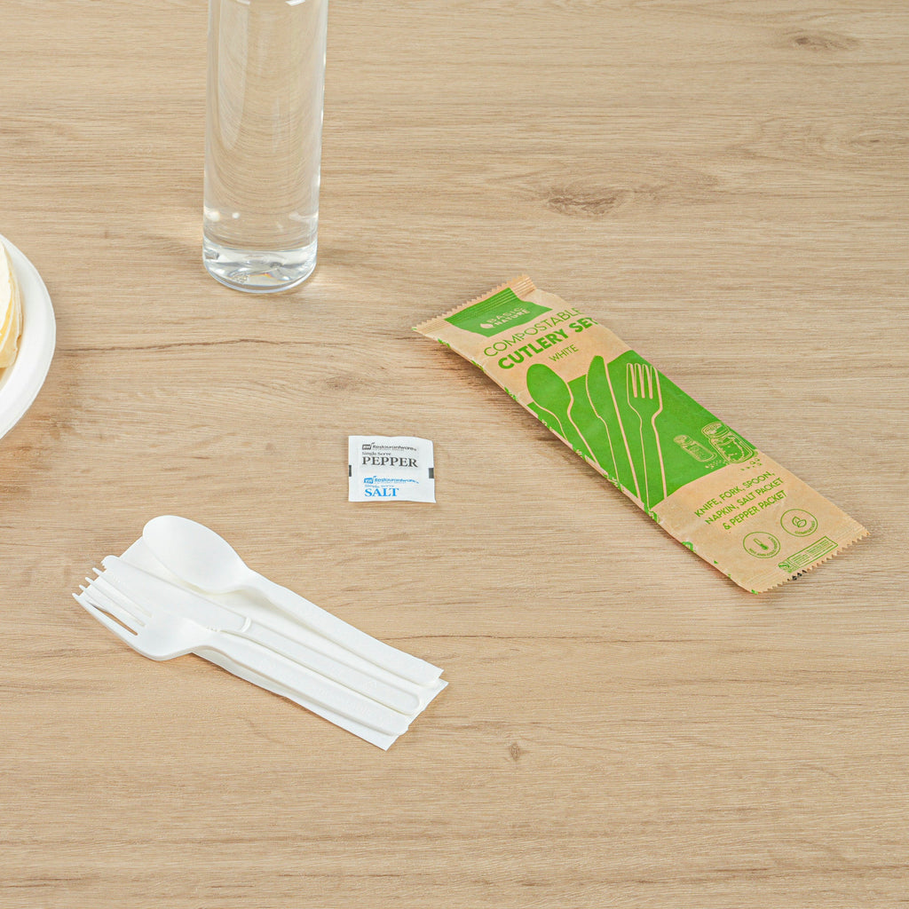 Basic Nature White PLA Plastic Cutlery Set - with Napkin and Salt / Pepper Packets, Wrapped, Compostable - 6 1/4" - 250 count box