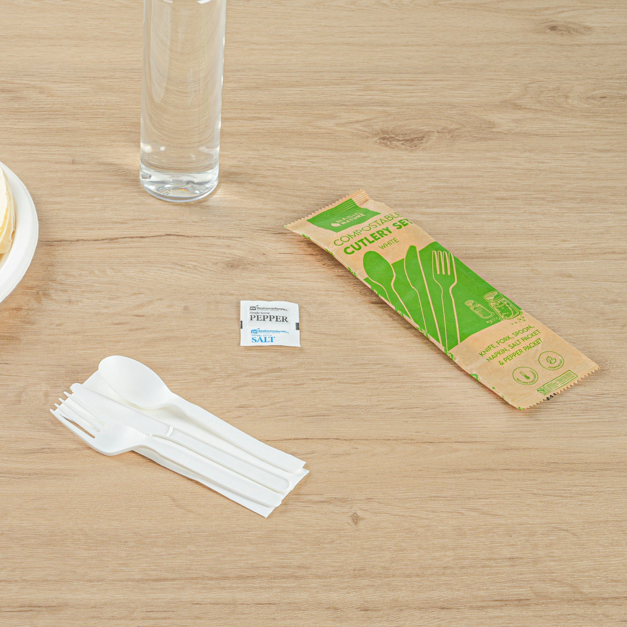 Basic Nature White PLA Plastic Cutlery Set - with Napkin and Salt / Pepper Packets, Wrapped, Compostable - 6 1/4" - 250 count box