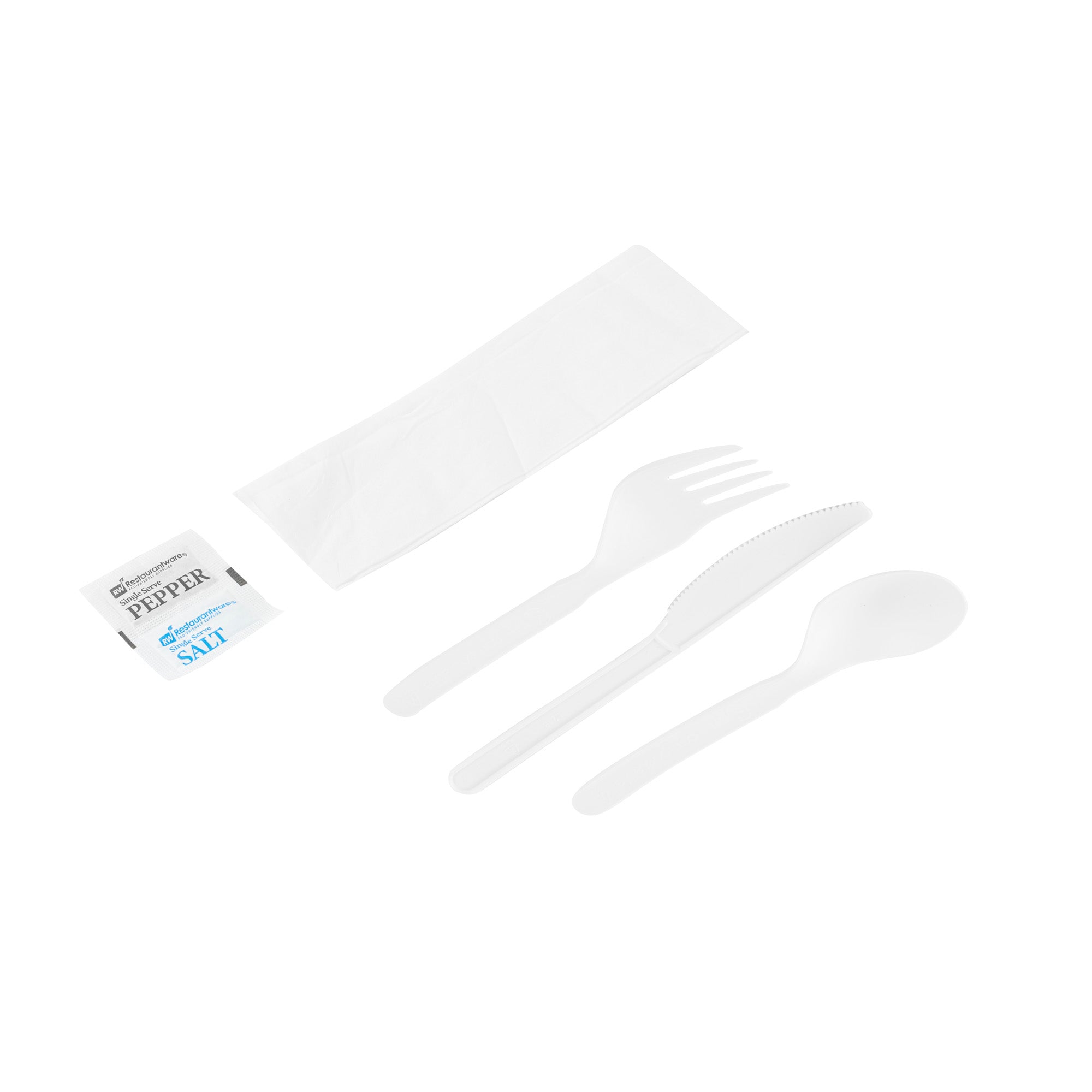 Basic Nature White PLA Plastic Cutlery Set - with Napkin and Salt / Pepper Packets, Wrapped, Compostable - 6 1/4" - 500 count box