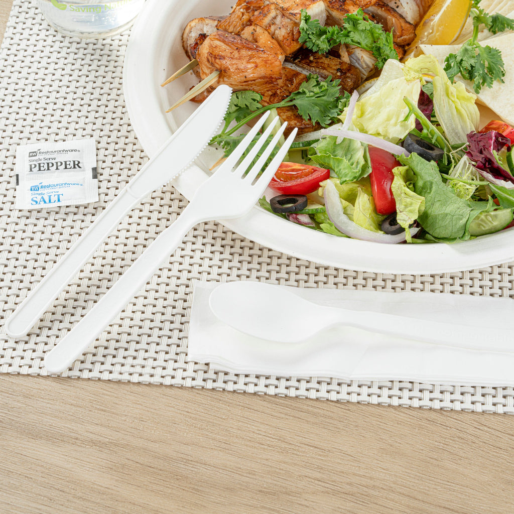 Basic Nature White PLA Plastic Cutlery Set - with Napkin and Salt / Pepper Packets, Wrapped, Compostable - 6 1/4" - 500 count box